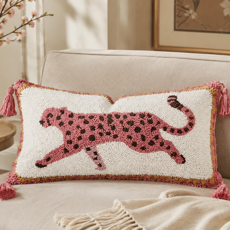 Puede incluir: Un coj&iacute;n rectangular con un dise&ntilde;o texturizado de aguja perforada que muestra un leopardo rosa con manchas marr&oacute;n oscuro sobre un fondo blanco. El coj&iacute;n tiene un borde festoneado rosa y dorado y borlas rosas en las cuatro esquinas.