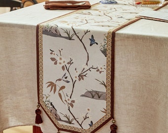 Chemin de table chantant fleurs et fauvettes avec glands, décoration de salle à manger élégance orientale faite main, cadeau de mariage ou de pendaison de crémaillère parfait, taille personnalisée