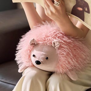 May include: A plush pink hedgehog toy with a soft, textured exterior. The toy has a light pink face, small ears, and black button eyes. The hedgehog is a cuddly, whimsical item.