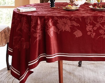 Red Floral Velvet Tablecloth, Waterproof Dining Table Cover, Custom Size