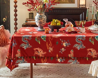 Oriental Style Tablecloth Dragon Pattern Waterproof Fabric Table Cover Velvet Red Table Cloth for Party Holiday Home Decor Custom