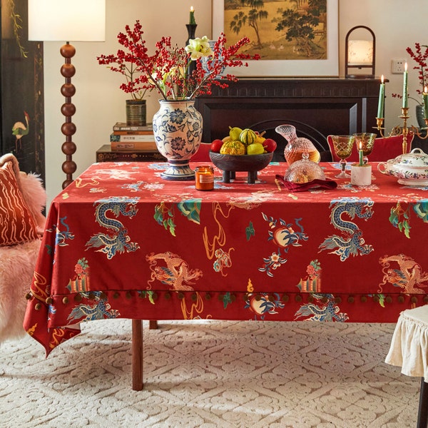 Oriental Style Tablecloth Dragon Pattern Waterproof Fabric Table Cover Velvet Red Table Cloth for Party Holiday Home Decor Custom