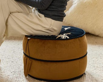 Red Bamboo Velvet Pouf Cover, Chinoiserie Ottoman Cover, Floor Cushion