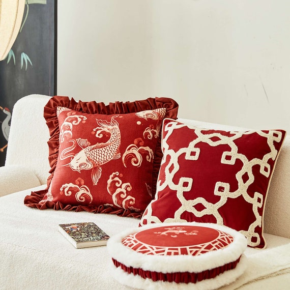 Luxurious Red Throw Pillow Cover/ Elegant Handmade Cushion Cover