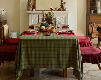 Green Plaid Tablecloth, Cotton Table Cover, Custom Size