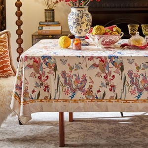 Dragon Phoenix Tablecloth, Chinoiserie Velvet Table Cover, Waterproof Dining Tablecloth