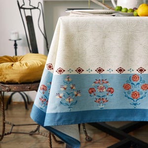 Nappe florale bleue, nappe imperméable en lin mélangé, dimension personnalisée