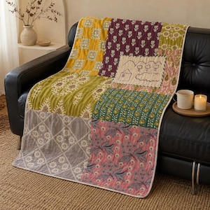 Patchwork Throw Blanket, Colorful Floral Jacquard Tapestry for Sofa, Bed and Wall