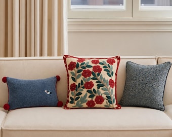 Floral Embroidered Pillow Cover, Chenille Velvet Pom Pom Cushion for Cottagecore Sofa and Bed