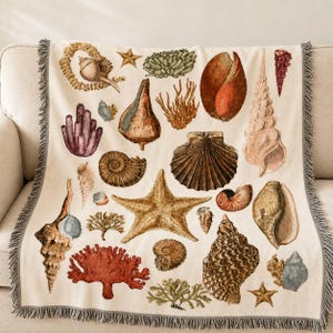Manta decorativa costera, tapiz tejido jacquard con diseño de conchas marinas y flecos para sofá y cama.