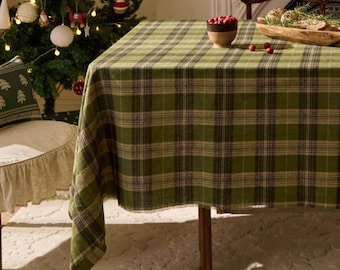 Green Plaid Tablecloth, Yarn Dyed Woven Tablecloth, Farmhouse Dining Table Cover, Custom Size