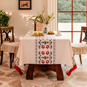 Retro Floral Farmhouse Tablecloth, Linen Table Cover, Custom Square or Rectangular Table Decor, Kitchen Table Cover, Houswarming Gifts