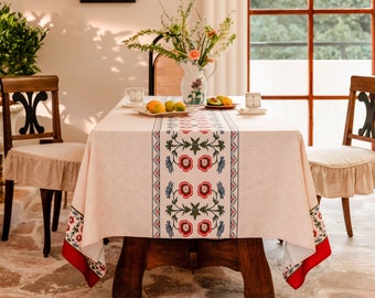 Retro Floral Farmhouse Tablecloth, Linen Table Cover, Custom Square or Rectangular Table Decor, Kitchen Table Cover, Houswarming Gifts