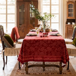 Red Velvet Tablecloth, French Style Floral Table Cover, Retro Luxury Table Decor, Christmas Table Setting, Custom Size, Housewarming Gift