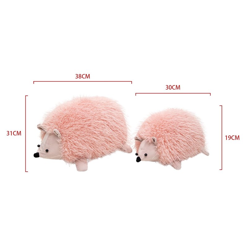 May include: Two plush pink hedgehog stuffed animals. The larger one is 38 cm long and 31 cm tall, while the smaller one is 30 cm long and 19 cm tall. Both have light tan faces, ears, and feet, with black noses.