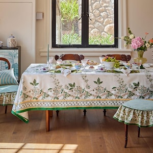 Waterproof Green Floral Tablecloth, Botanical Print Dining Table Cover, French Country Style Custom Size Linen