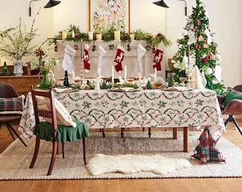 Holly Berry Tablecloth, Custom Size Waterproof Fabric, Botanical Dining Decor