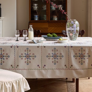 Waterproof & Oil-Resistant Embroidered Style Tablecloth, Custom Size Rustic Dining Table Cover