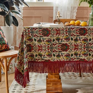 Mantel jacquard floral con flecos, cubierta decorativa para mesa de comedor, tela texturizada, tamaño personalizado.