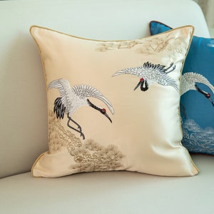 Crane Embroidery Pillow Cover, Chinoiserie Cushion Cover, Square or Lumbar Pillow Cover, Retro Decorative Throw Pillow for Sofa or Chair