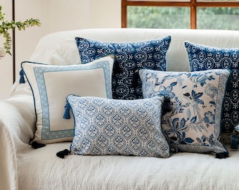 Blue Porcelain Pillow Cover, Chinoiserie Floral Cushion, Tassel Sofa Decor