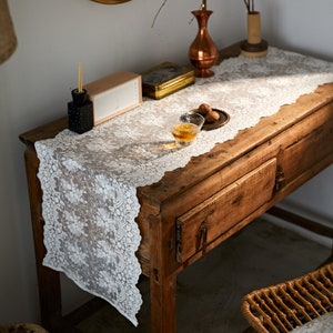 White Lace Brocade Cotton Table Runner, Floral Embroidery Wedding Decor, Romantic Dining or Coffee Table Accent, Cottage Style White Linen