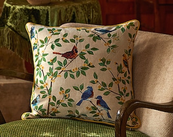 Jacquard Throw Pillow Cover Bird Foral Pattern Pillowcase Spring Square Pillowcase Decorative Pillow Cover For Sofa Couch Body Custom Size