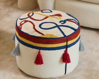 Funda otomana bordada con borlas, solo funda de puf redondo bohemio, funda extraíble para reposapiés
