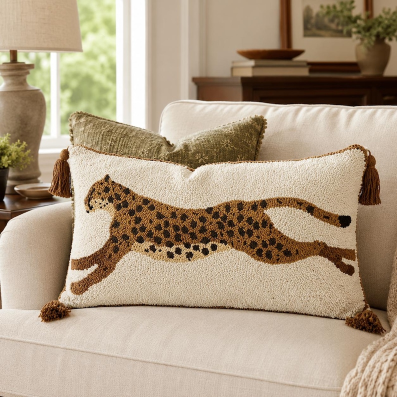 Puede incluir: Un coj&iacute;n rectangular con base color crema y un dise&ntilde;o texturizado de lana en bucle que muestra un guepardo corriendo en tonos marr&oacute;n y negro. El coj&iacute;n cuenta con borlas marrones en cada una de las cuatro esquinas y una textura suave y acolchada.