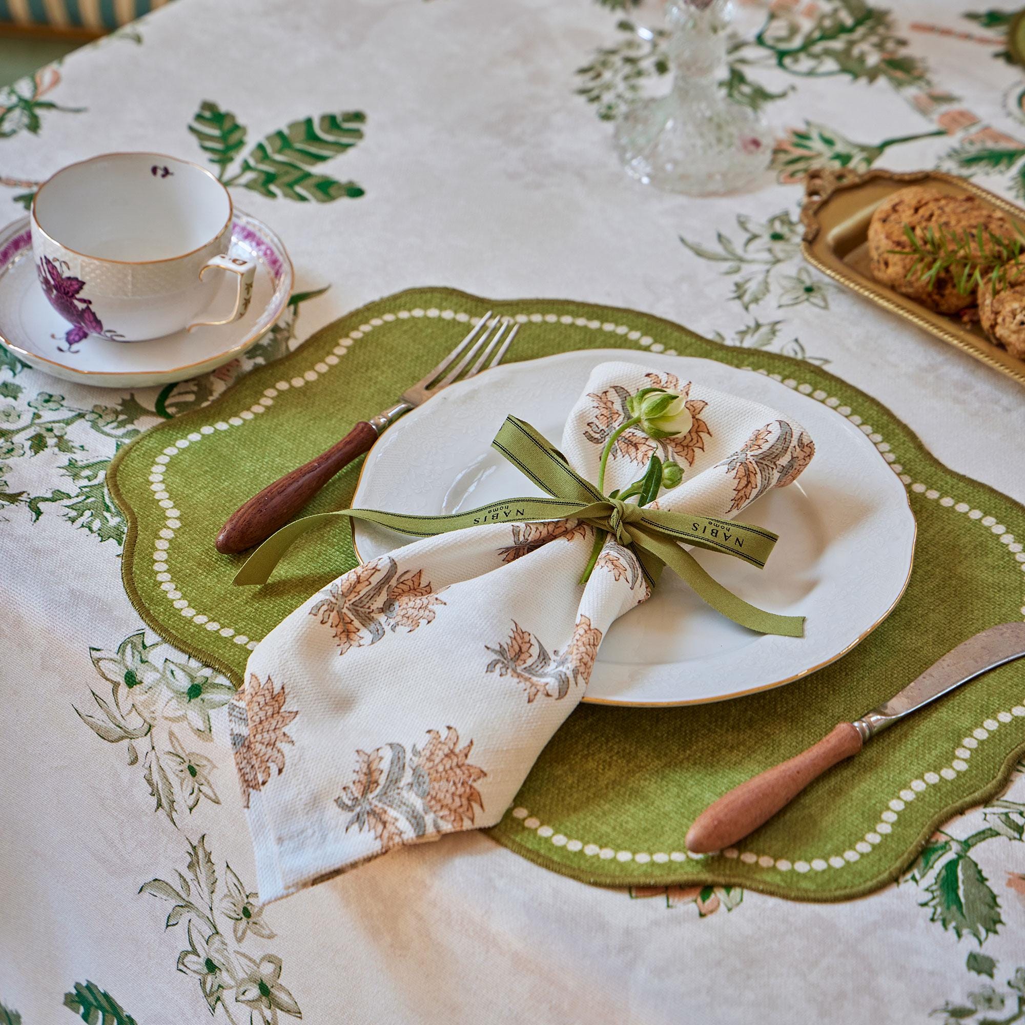 Handmade French Country Floral Cotton Tablecloth - 72x72 Inch Square With Napkins - Black & Green