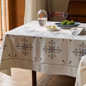 Waterproof Folk Pattern Tablecloth, Embroidery Style Printed Table Cover, Rustic Dining Tablecloth, Custom Size
