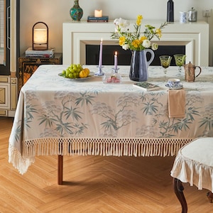 Chinoiserie Tablecloth with Fringe, Bamboo Print Dining Table Cover