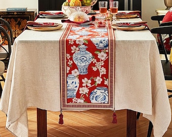 Red Floral Chenille Table Runner, Oriental Style, Tassel Decor