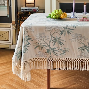 Chinoiserie-duk med fransar, matbordsöverdrag i bambumönster, orientalisk stil
