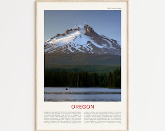 May include: A poster with a photograph of a snow-capped mountain peak reflected in a still lake. The text "OREGON" is in red at the bottom of the poster, with a description of the state's geography and culture below.