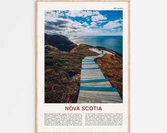 May include: A wooden walkway with blue painted steps leads up a hill overlooking a blue ocean and a green, rocky coastline. The sky is blue with white clouds. The text "NOVA SCOTIA" is printed in red at the bottom of the image.