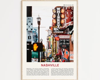 May include: A colorful photograph of a street scene in Nashville, Tennessee. The image features a variety of neon signs, including a sign that reads "Whiskey Saloon". The street is lined with brick buildings and there are flags hanging from the buildings. The image is a vibrant and energetic representation of the city's nightlife.