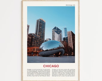 May include: A poster with a photograph of the Chicago skyline, including the Cloud Gate sculpture, also known as "The Bean". The poster has the text "CHI Michigan, USA" and "CHICAGO" in red.