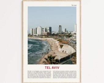 May include: A framed photograph of Tel Aviv, Israel, with a cityscape and beach in the background. The text "TLV, Israel" and "TEL AVIV" is printed in red at the top and bottom of the image.
