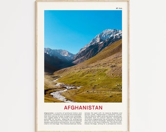 May include: A poster with a photograph of a mountain range with a river flowing through a valley. The poster has the text "AFGHANISTAN" in red letters at the bottom. The poster is framed in a light wood frame.