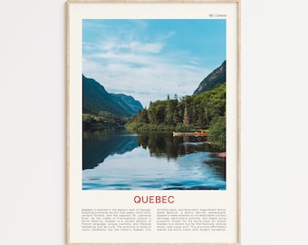 May include: A scenic landscape photograph of a lake surrounded by lush green trees and mountains. The water is calm and reflects the blue sky and clouds. The text "QUEBEC" is printed in red at the bottom of the image.