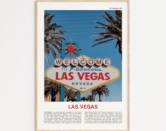 May include: A vintage-style poster featuring the iconic "Welcome to Fabulous Las Vegas" sign with palm trees in the foreground and a blue sky with clouds in the background. The text "LV. Nevada, USA" is in the top right corner. The poster also includes a description of Las Vegas as a bustling city known for its entertainment and tourism.