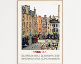 May include: A colorful travel poster featuring a street scene in Edinburgh, Scotland. The poster includes a photo of a street lined with colorful buildings and a text description of the city's history and attractions. The text includes the words "Edinburgh, Scotland's historic capital" and "Royal Mile to hiking up Arthur's Seat for panoramic views."