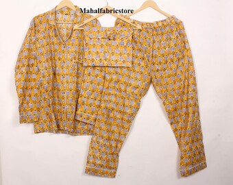 Floral Cotton Pajama Set: Womens Block Print PJs