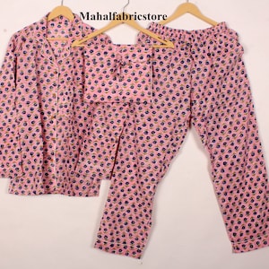 A Pink Floral cotton pajamas, Womens cotton pj&#39;s, Soft cotton pajama Set trousers shirts, Unique printed pajama set, Block Print Pjs set.