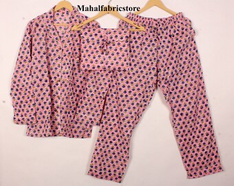 Pink Floral Cotton Pajama Set: Hand Block Print PJs