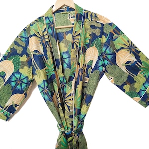 Blue Peacock Cotton Kimono Robe: Block Print Beach Cover-Up boho longwear