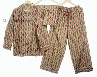 Floral Cotton Pajama Set: Womens Block Print PJs, Handmade in Jaipur