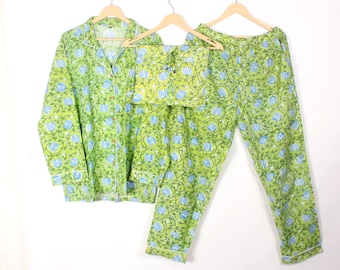 Floral Cotton Pajama Set: Womens Block Print PJs