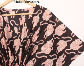 Vestido caftán de algodón con estampado de tigre: maxivestido negro